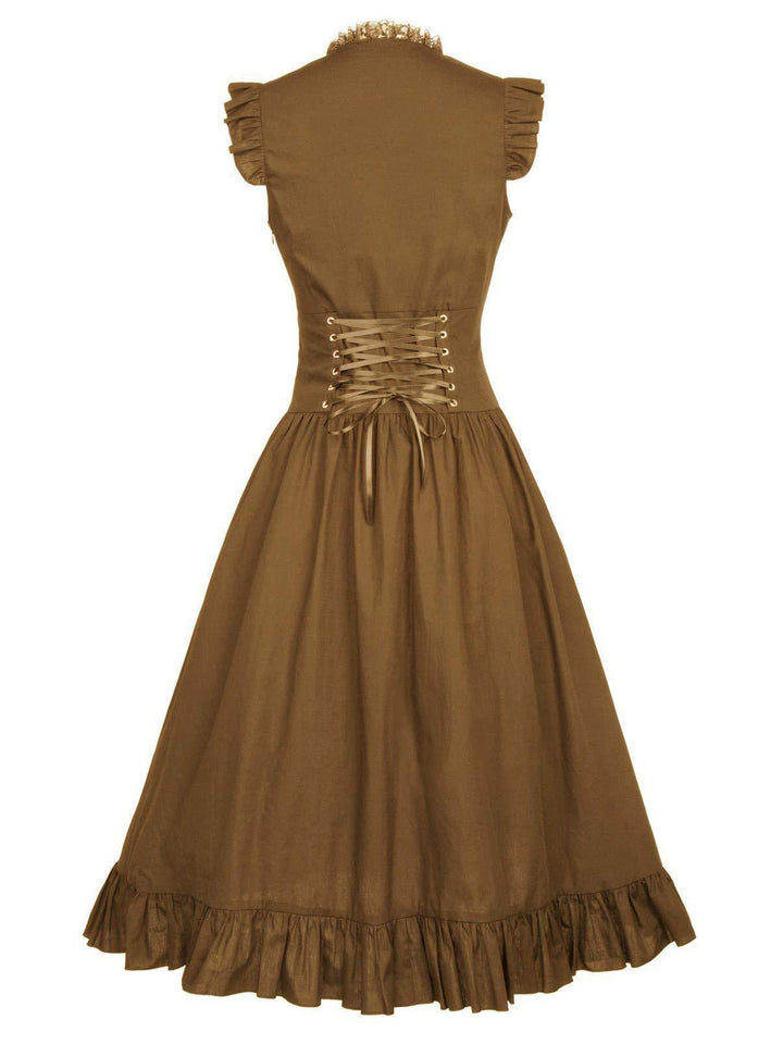 She slips into this 1930s Solid Ruffles Square Neck Steampunk Dress and suddenly it&