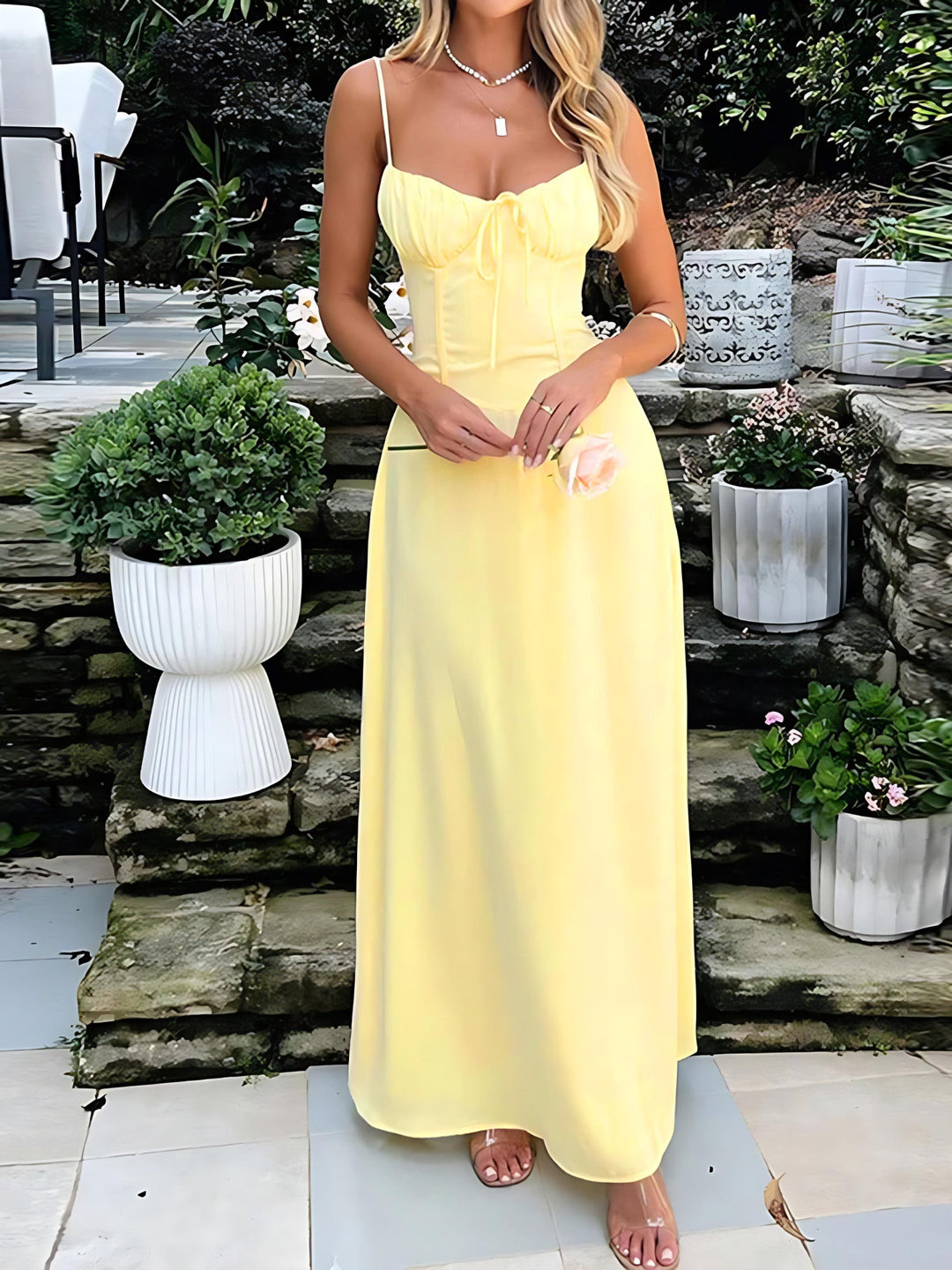 1930s Solid Spaghetti Strap Lace-Up Maxi Dress - vintage dress, retro fashion
