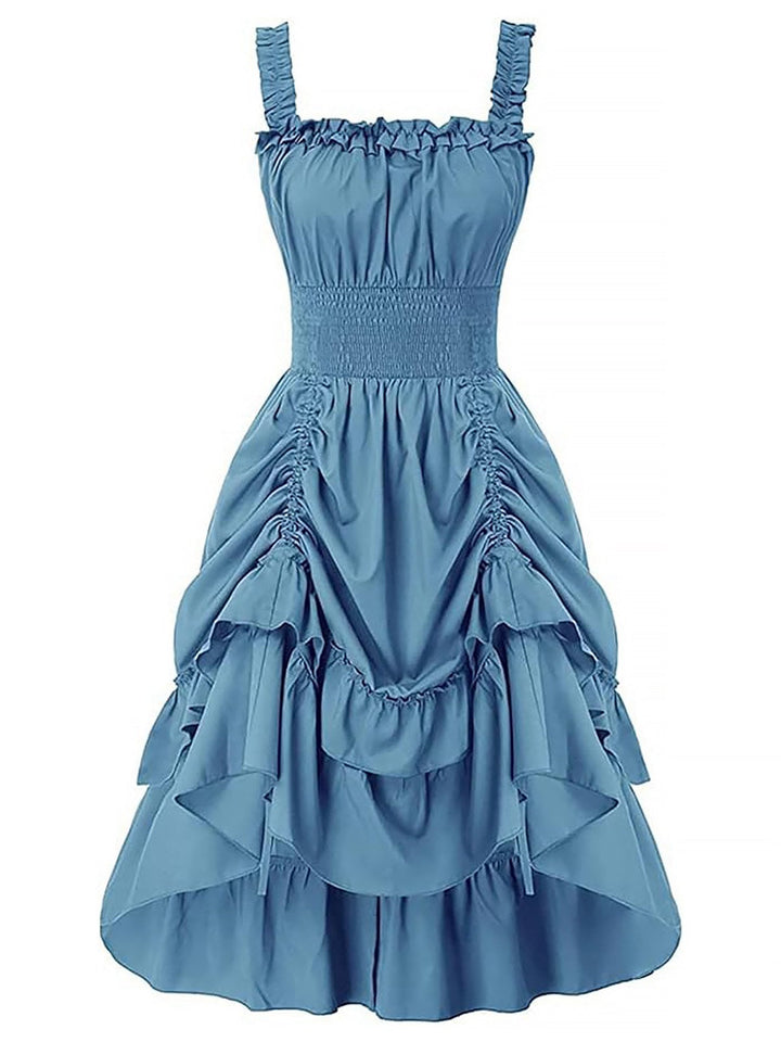 She slips into this 1930s Solid Square Neck Drawstring Layered Dress and suddenly it&
