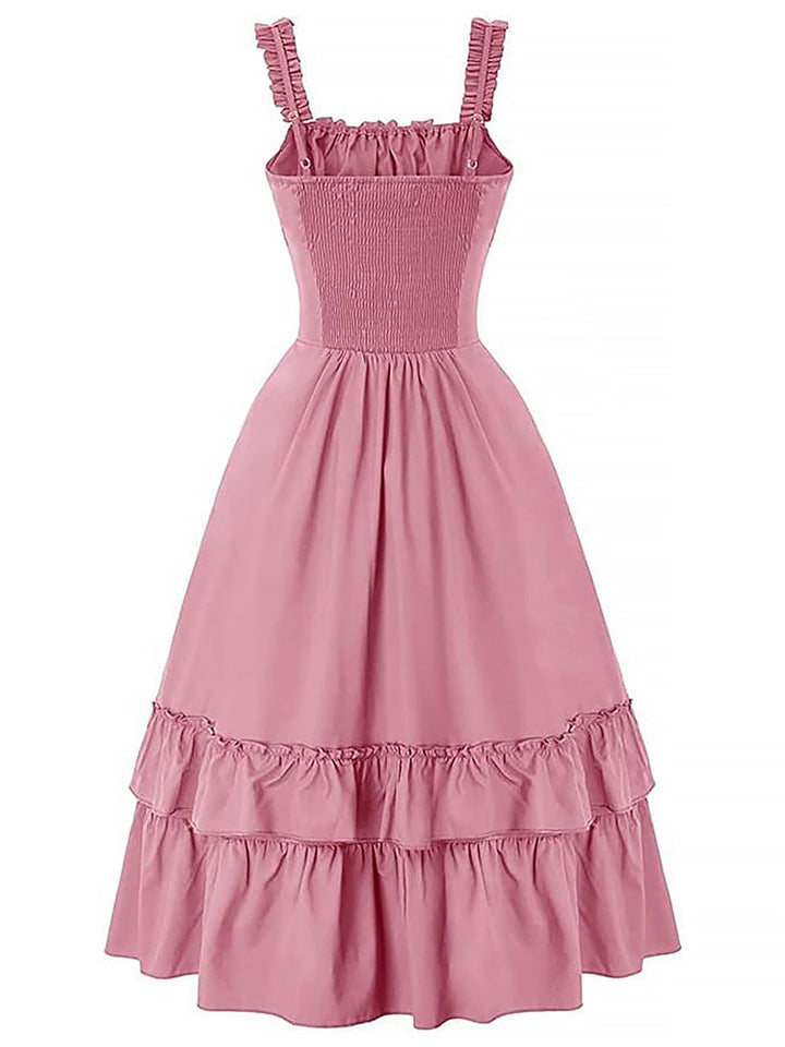 She slips into this 1930s Solid Square Neck Drawstring Layered Dress and suddenly it&