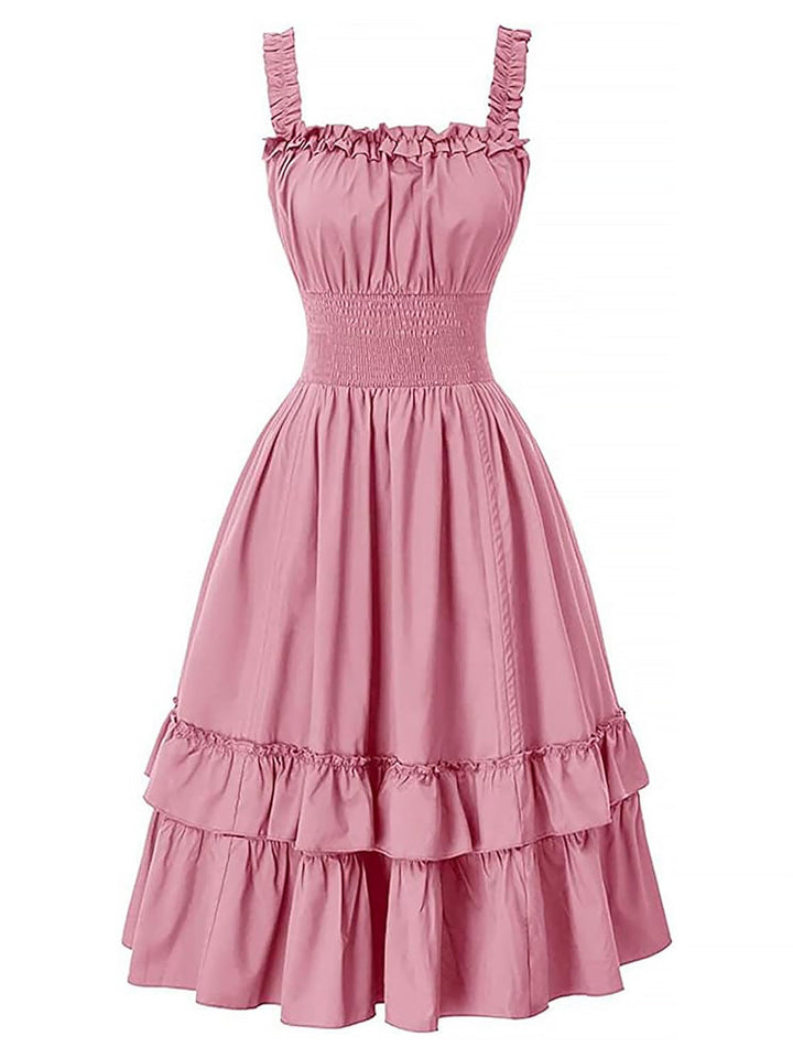 1930s Solid Square Neck Drawstring Layered Dress: where 1930s romance meets her modern spirit