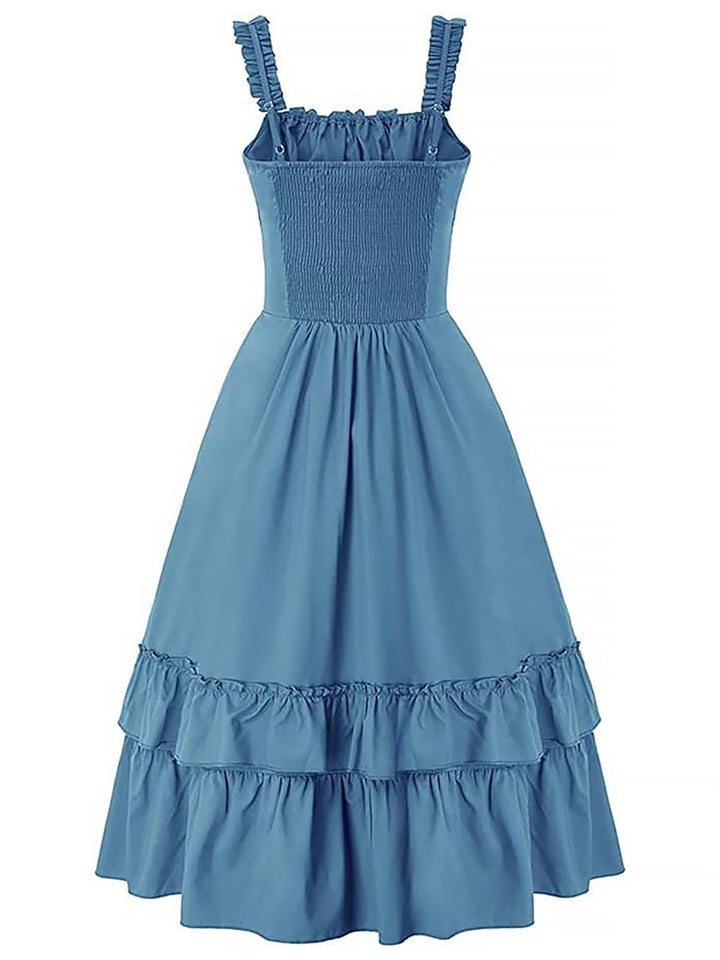 1930s Solid Square Neck Drawstring Layered Dress: where 1930s romance meets her modern spirit