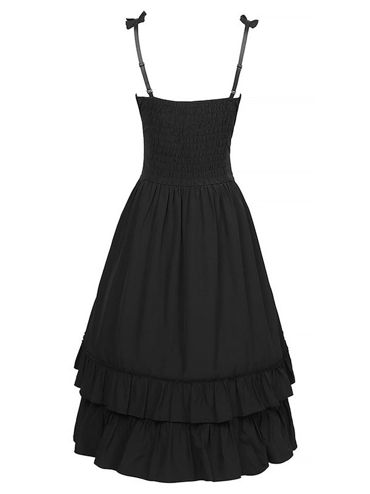 She slips into this 1930s Solid Square Neck Drawstring Layered Dress and suddenly it&