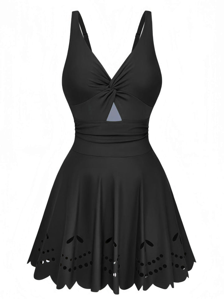 1930s Solid Twist Front Hollow One-Piece Swimdress: beautiful vintage dress, retro fashion, elegant style with timeless appeal