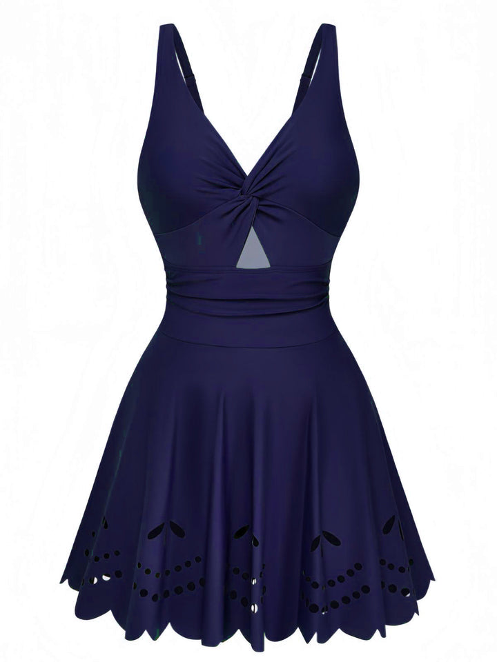1930s Solid Twist Front Hollow One-Piece Swimdress - vintage dress, retro fashion, elegant style for vintage lovers