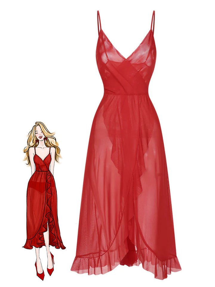 She slips into this Solid V-Neck Ruffle Sheer Nightgown and suddenly it&