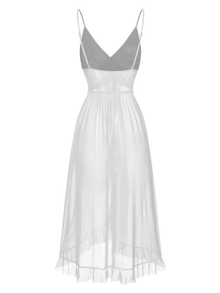 Solid V-Neck Ruffle Sheer Nightgown, vintage fashion, retro style - perfect for women who love vintage and retro fashion