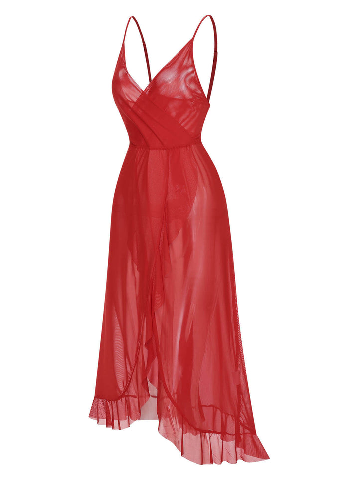 Solid V-Neck Ruffle Sheer Nightgown, vintage fashion, retro style - perfect for women who love vintage and retro fashion
