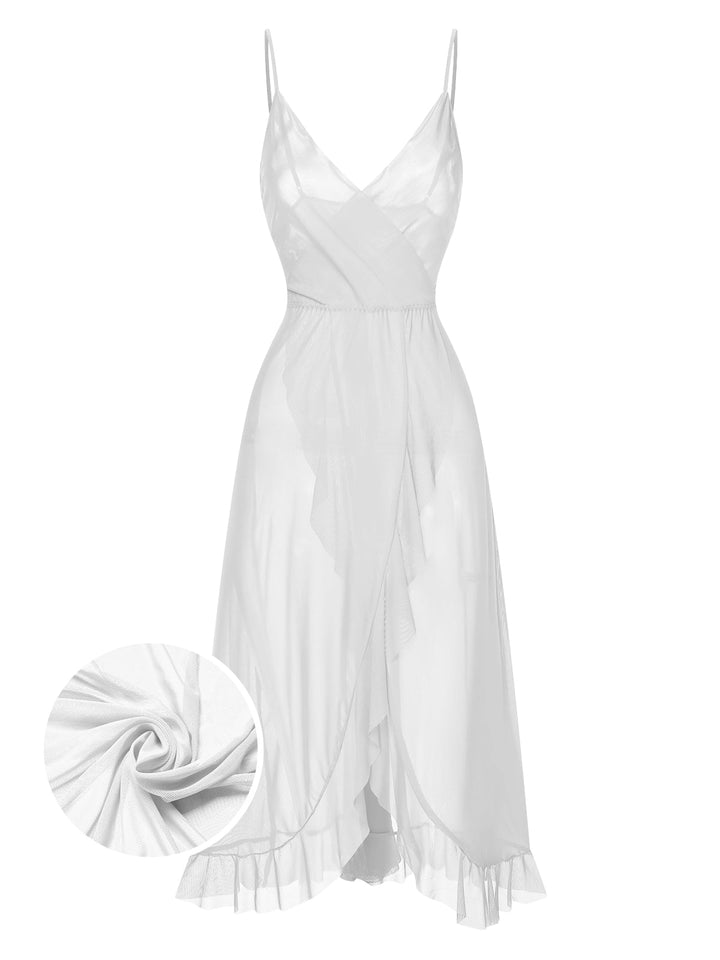 1930s Solid V-Neck Ruffle Sheer Nightgown, vintage fashion, retro style - perfect for women who love vintage and retro fashion