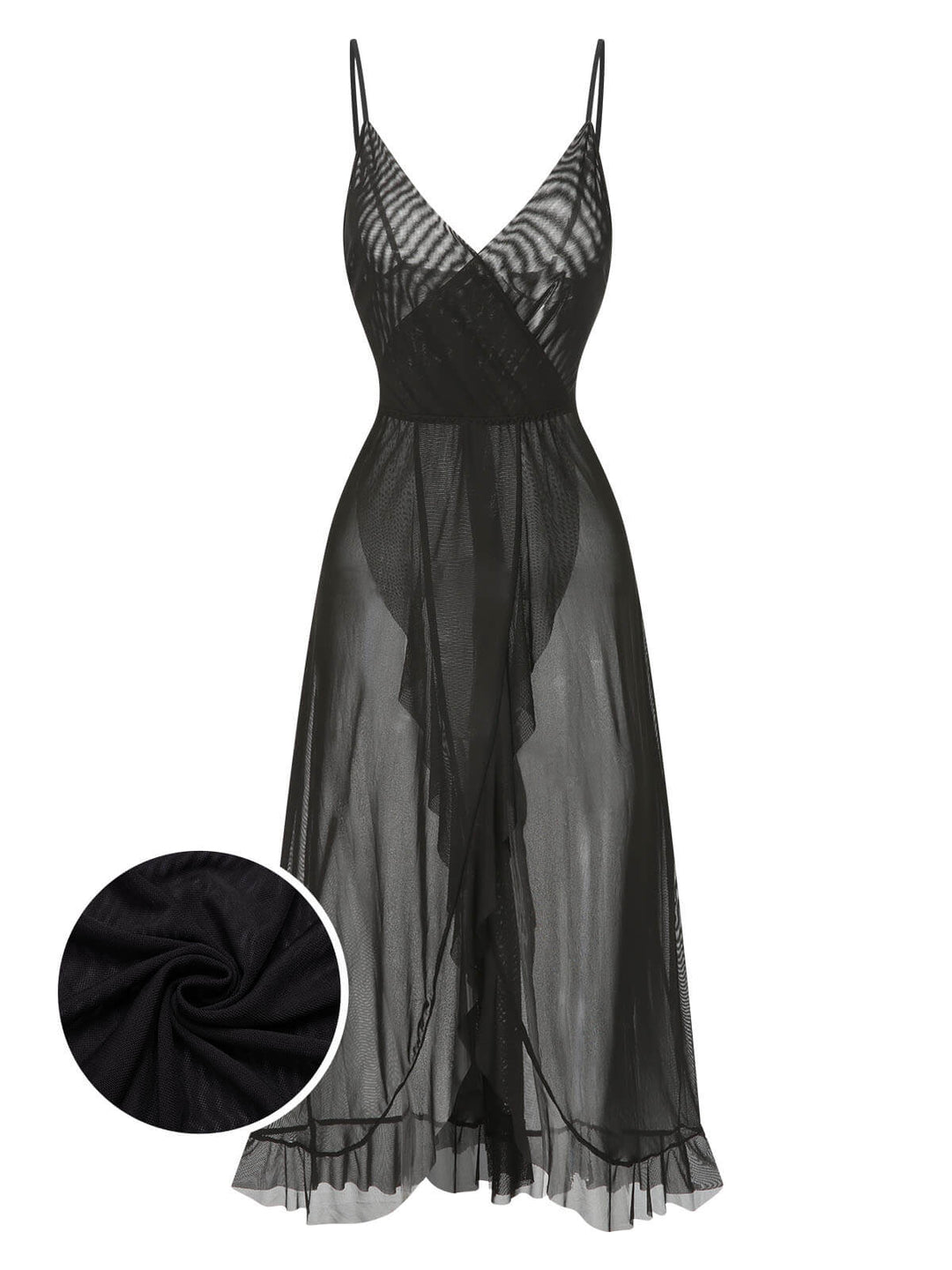 Solid V-Neck Ruffle Sheer Nightgown, vintage fashion, retro style - perfect for women who love vintage and retro fashion