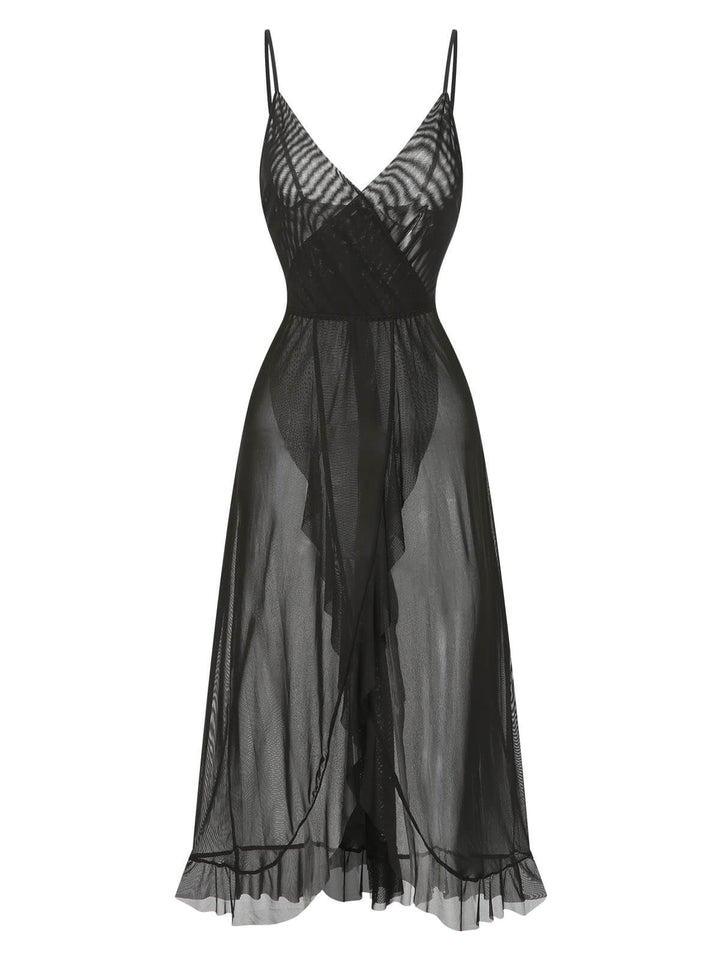 Solid V-Neck Ruffle Sheer Nightgown, vintage fashion, retro style - perfect for women who love vintage and retro fashion