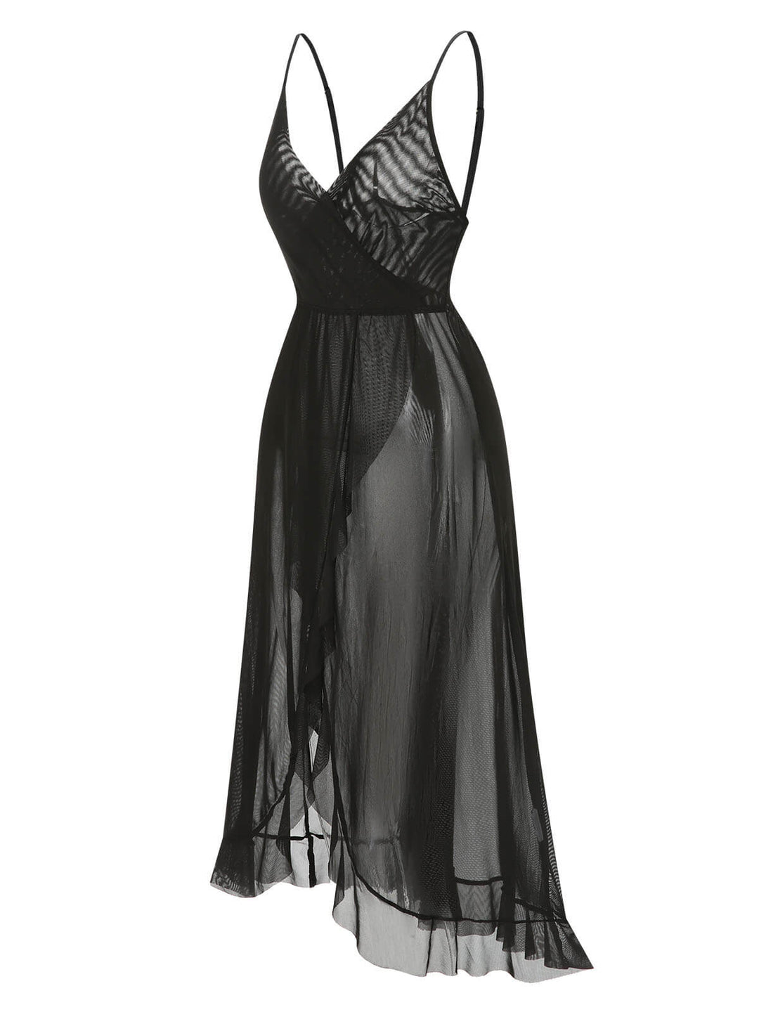 Solid V-Neck Ruffle Sheer Nightgown, vintage fashion, retro style - perfect for women who love vintage and retro fashion