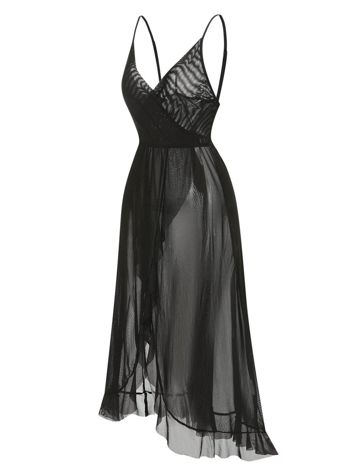 Solid V-Neck Ruffle Sheer Nightgown, vintage fashion, retro style - perfect for women who love vintage and retro fashion