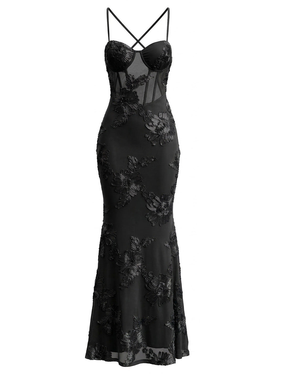 1930s Spaghetti Strap 3D Floral Maxi Mermaid Dress | vintage dress, retro fashion, elegant style - perfect for retro fashion enthusiasts