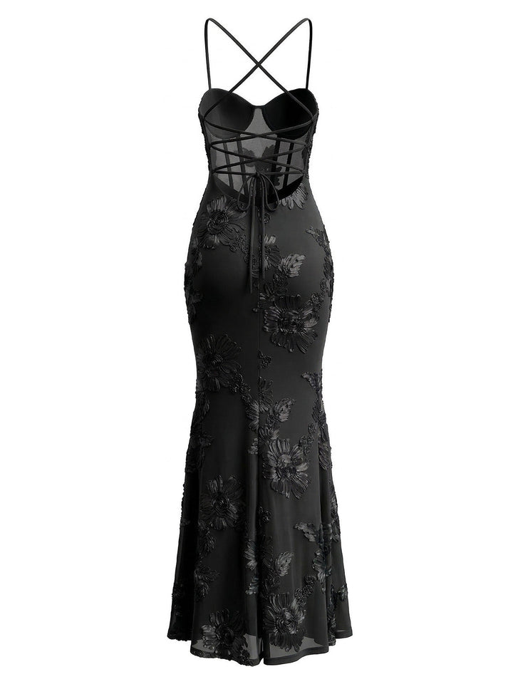 1930s Spaghetti Strap 3D Floral Maxi Mermaid Dress - vintage dress, retro fashion, elegant style for vintage lovers
