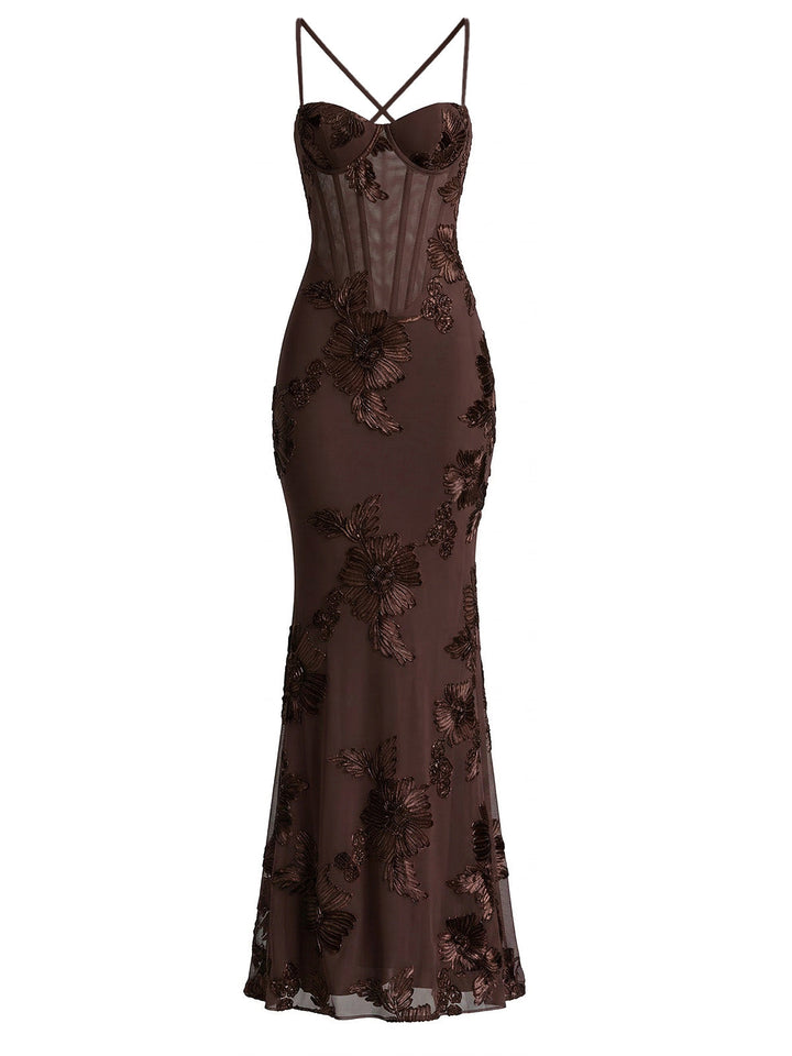 1930s Spaghetti Strap 3D Floral Maxi Mermaid Dress: beautiful vintage dress, retro fashion, elegant style with timeless appeal
