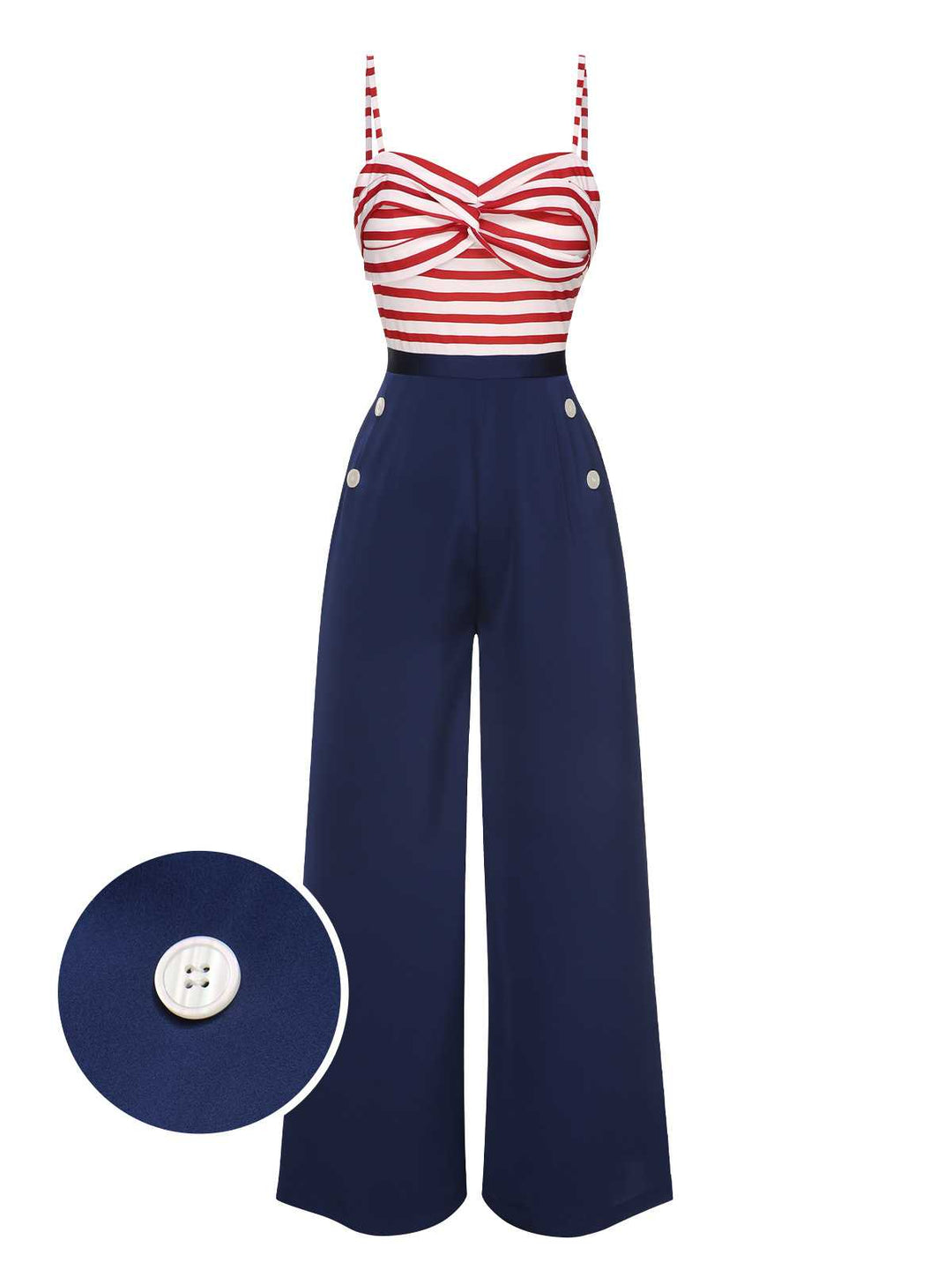 She finds her 1930s story in this Dark Blue 1930s Spaghetti Strap Stripes Jumpsuit