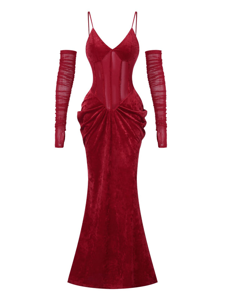 She slips into this 1930s Spaghetti Strap V-Neck Backless Velvet Dress and suddenly it&