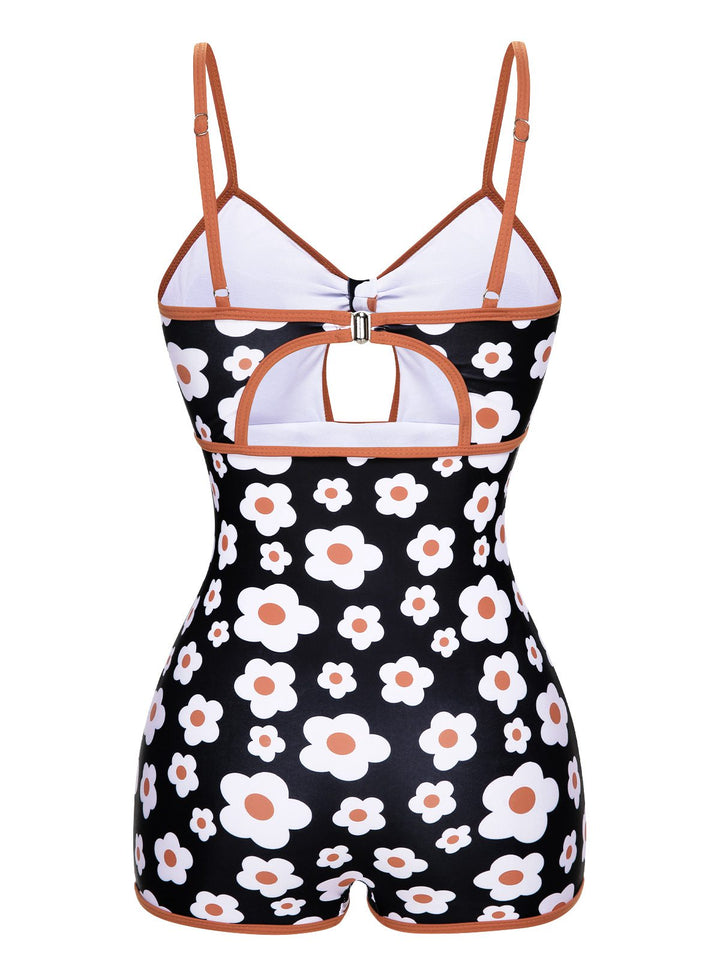 1930s Spaghetti Straps Cartoon Flowers Boxer Swimsuit: 1930s Riviera elegance, reimagined for her