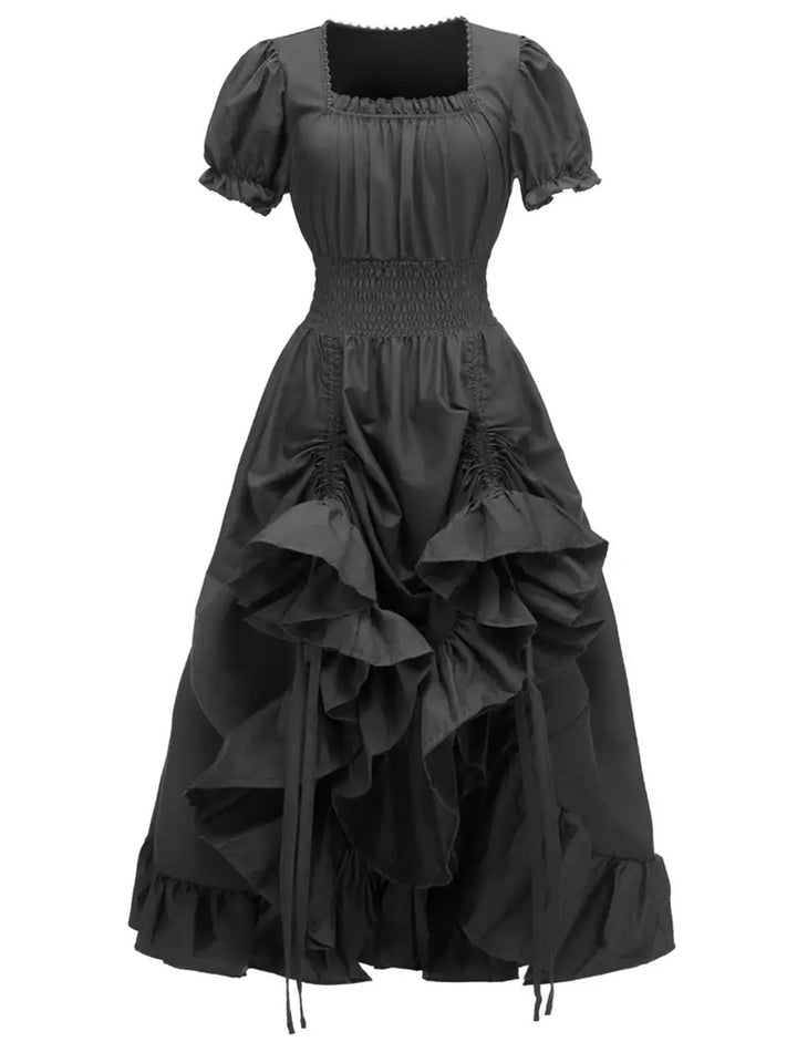 She slips into this 1930s Square Neck Wrinkles Puff Sleeves Dress and suddenly it&
