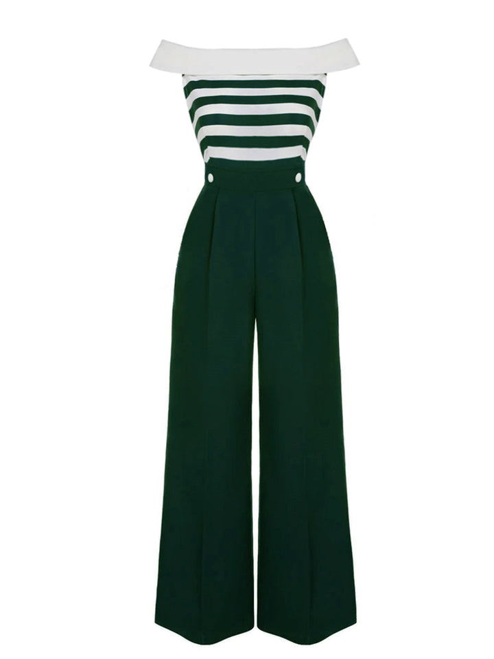 Dark Blue 1930s Stripe Off-Shoulder Jumpsuit, vintage romper, retro jumpsuit - perfect for women who love vintage and retro fashion