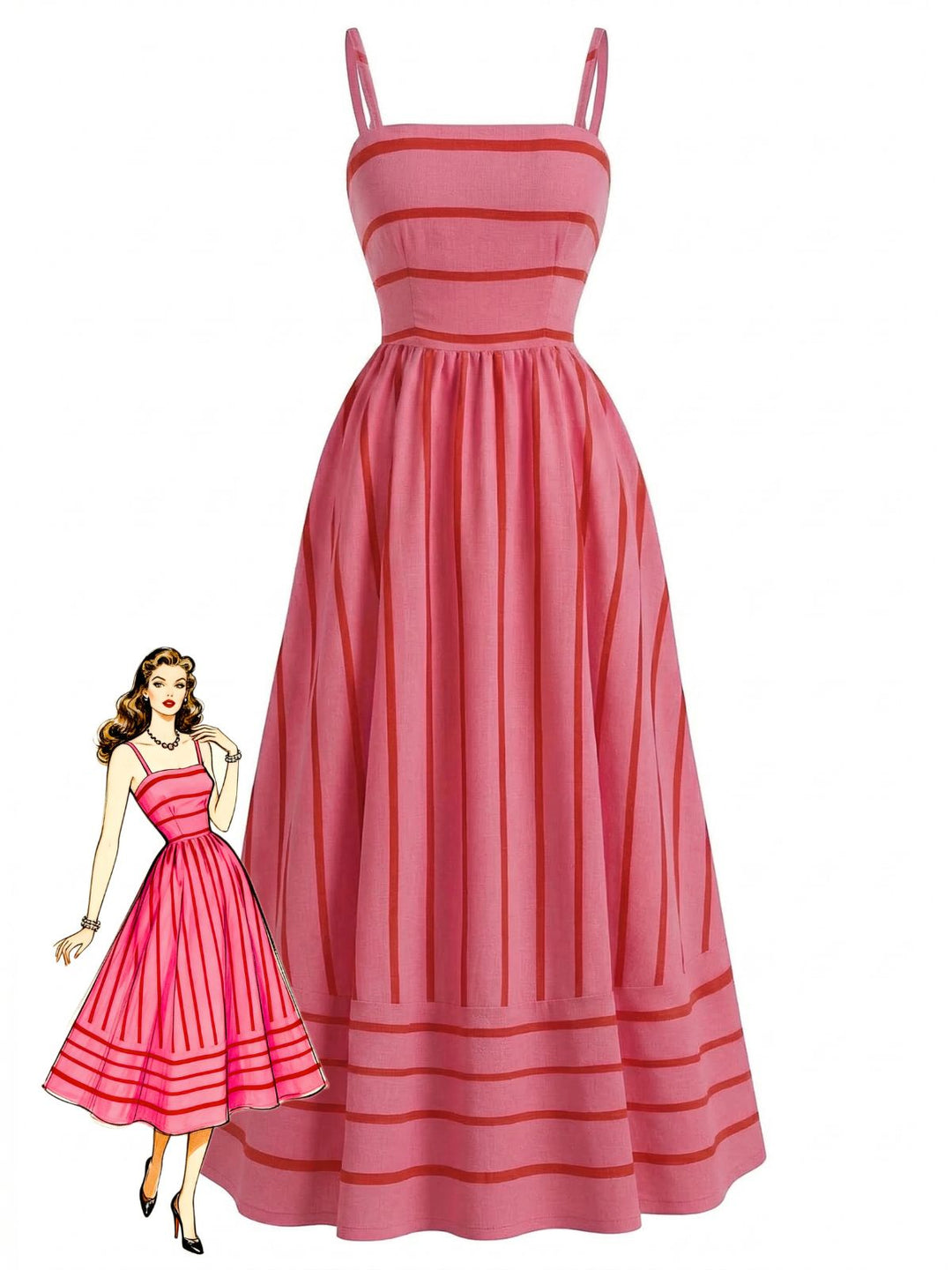 1930s Striped Spaghetti Strap Hollow Smocked Dress - vintage dress, retro fashion, elegant style for vintage lovers