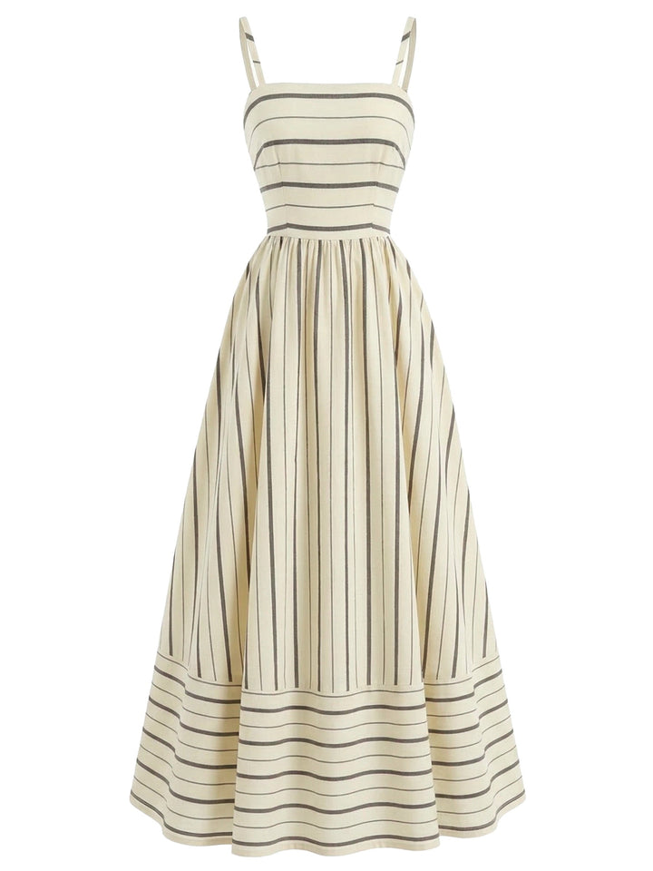1930s Striped Spaghetti Strap Hollow Smocked Dress - vintage dress, retro fashion, elegant style for vintage lovers