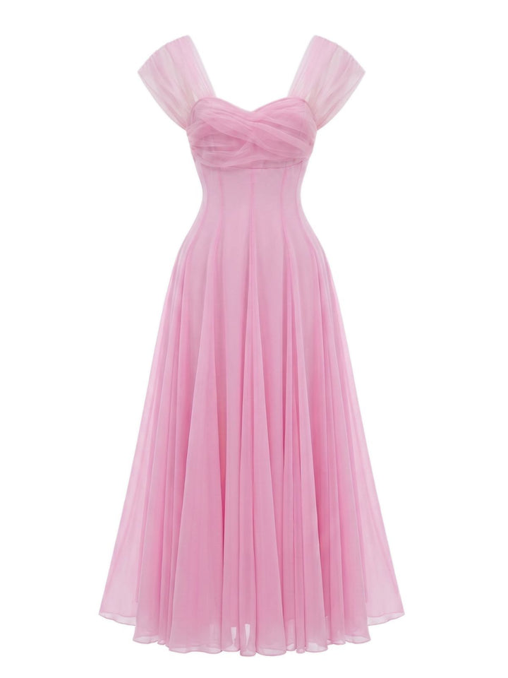 1930s Sweetheart Neck Cap Sleeve Mesh Fishbone Dress, vintage dress, retro fashion, women, elegant