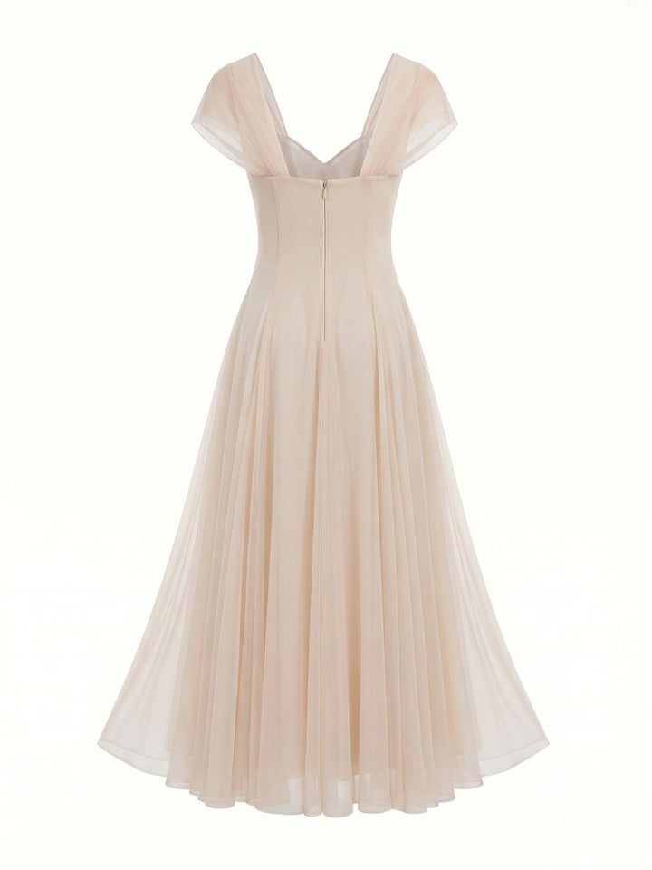 1930s Sweetheart Neck Cap Sleeve Mesh Fishbone Dress, vintage dress, retro fashion, women, elegant