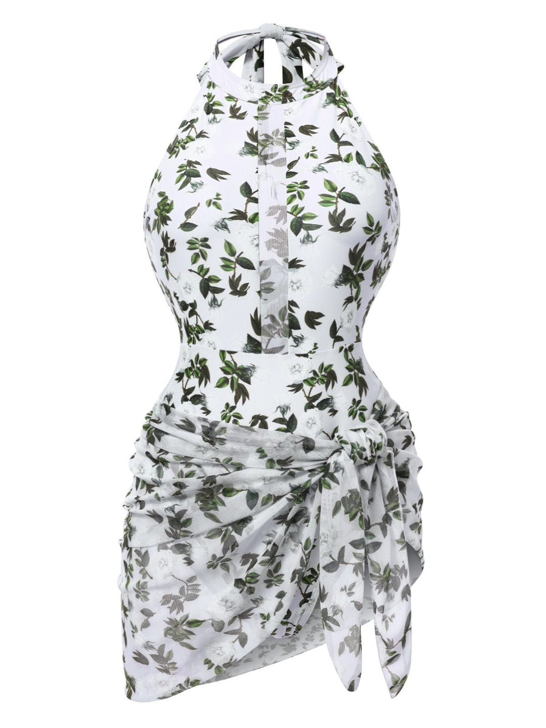 2PCS Green 1930s Leaf Print Halter One-Piece Swimsuit &amp; Cover Up - vintage swimsuit, pin-up style