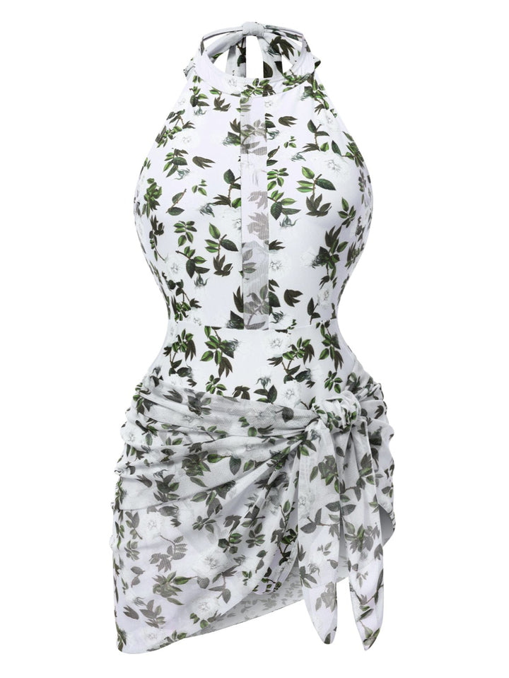 2PCS Green 1930s Leaf Print Halter One-Piece Swimsuit &amp; Cover Up - vintage swimsuit, pin-up style