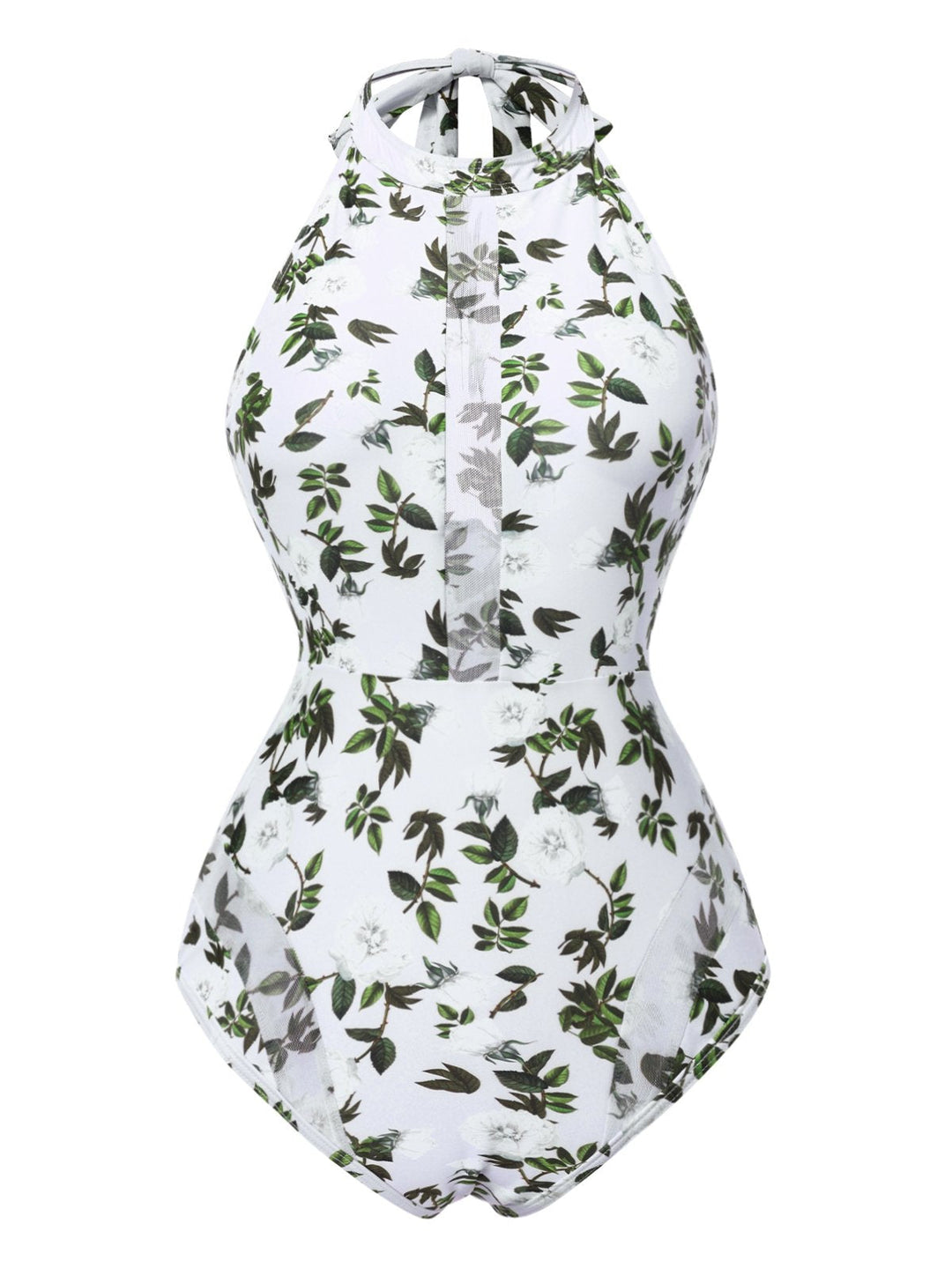 2PCS Green 1930s Leaf Print Halter One-Piece Swimsuit &amp; Cover Up - vintage swimsuit, pin-up style