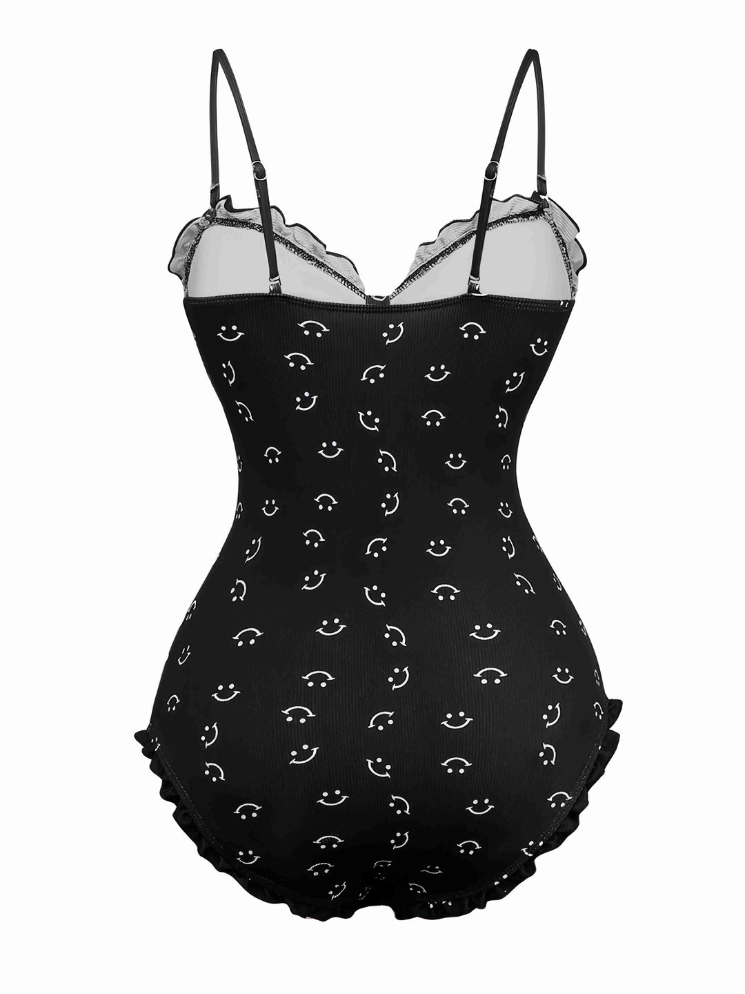 Black 1930s Smile Print Ruffles Spaghetti Straps One-Piece Swimsuit - vintage swimsuit, pin-up style, classic black