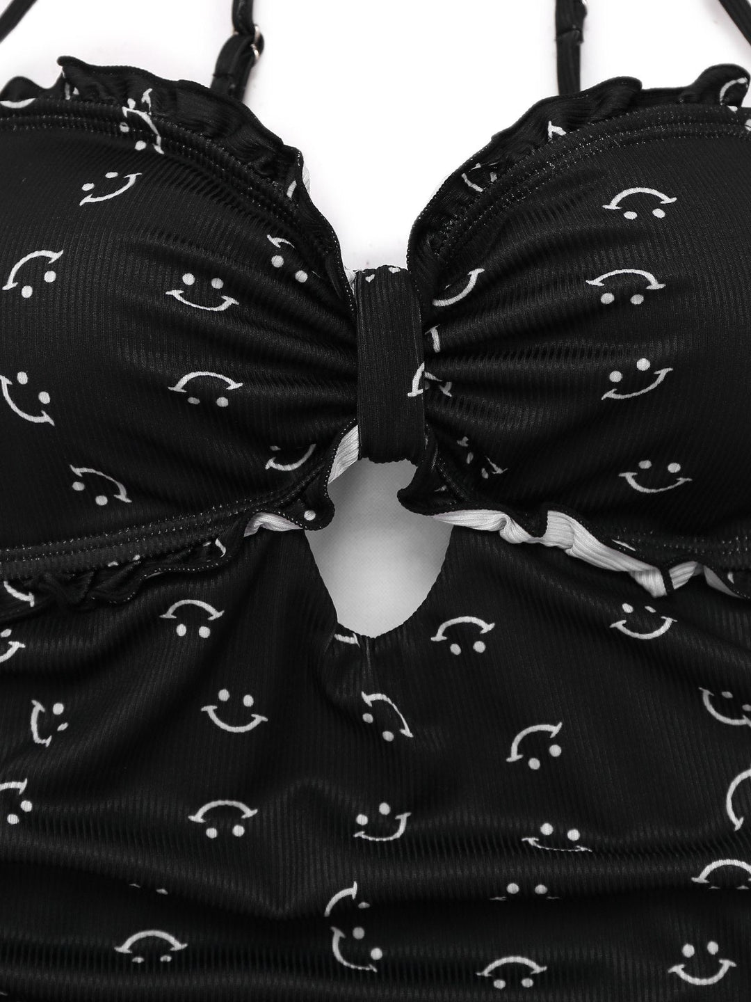 Black 1930s Smile Print Ruffles Spaghetti Straps One-Piece Swimsuit - vintage swimsuit, pin-up style, classic black