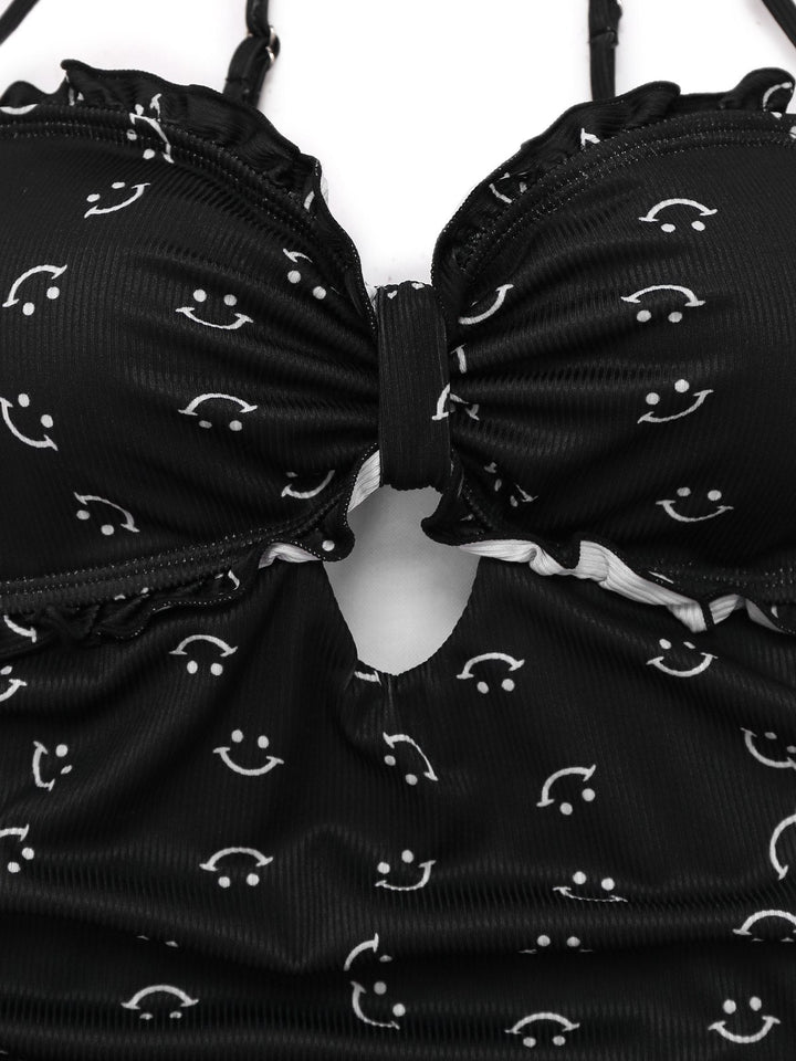 Black 1930s Smile Print Ruffles Spaghetti Straps One-Piece Swimsuit - vintage swimsuit, pin-up style, classic black
