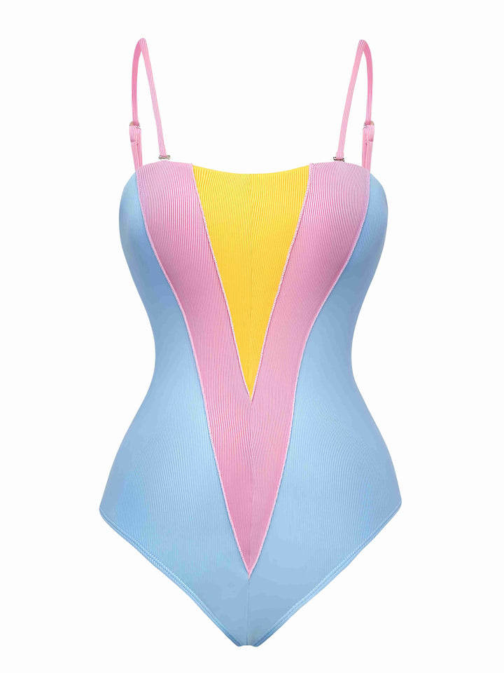 Blue 1930s Contrast Spaghetti Straps One-Piece Swimsuit - vintage swimsuit, pin-up style