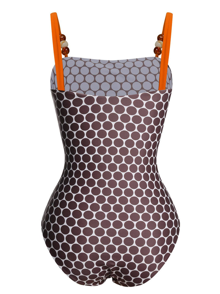 Brown 1930s Beads Straps Polka Dots Reversible Swimsuit - vintage swimsuit, pin-up style