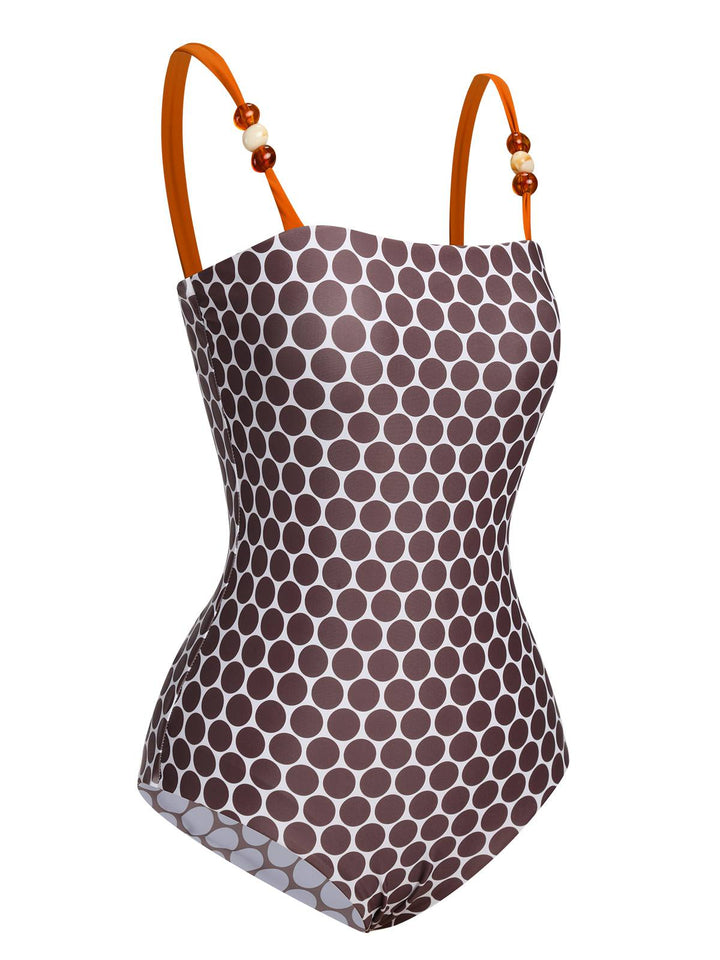 Brown 1930s Beads Straps Polka Dots Reversible Swimsuit - vintage swimsuit, pin-up style