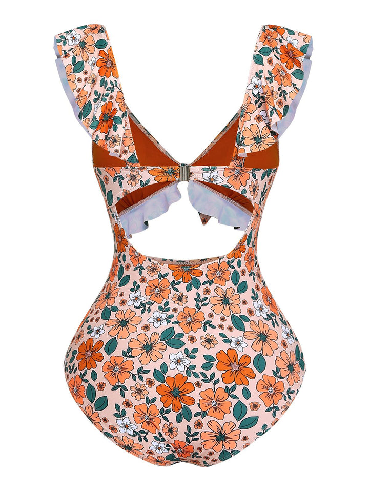 1930s Floral Ruffle Cutout Tie-Front One-Piece Swimsuit - vintage swimsuit, pin-up style
