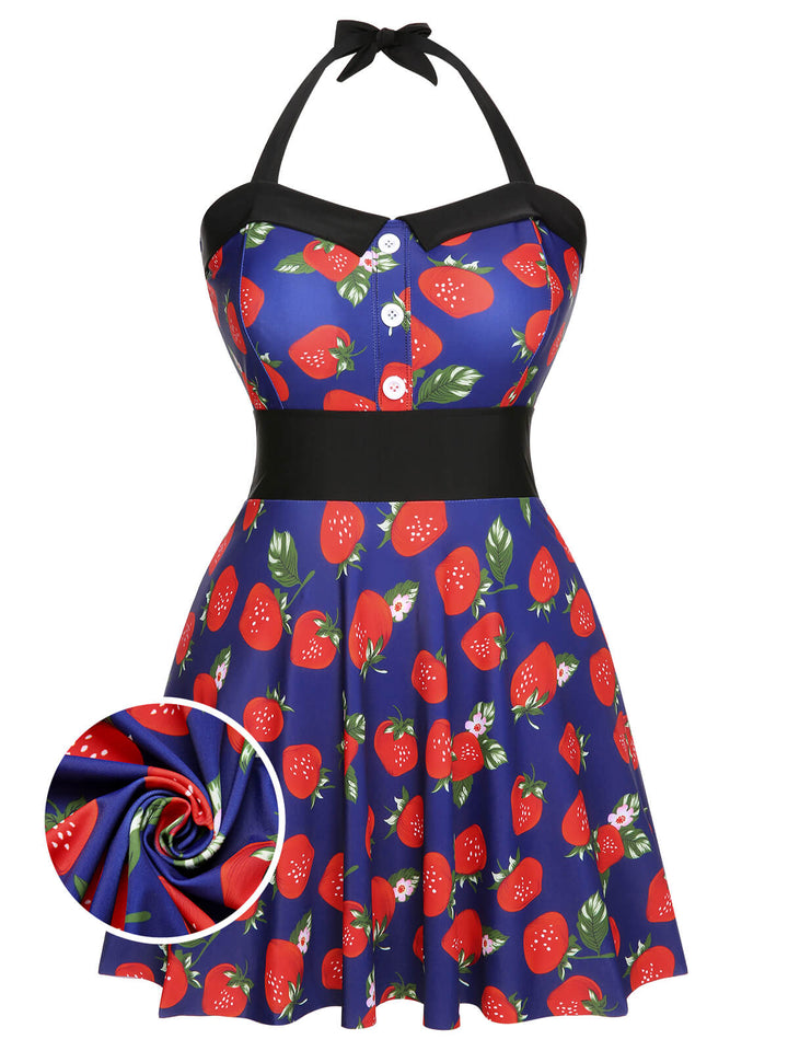 Multicolor 1930s Colorblocked Strawberry Halter Swimsuit - vintage swimsuit, pin-up style