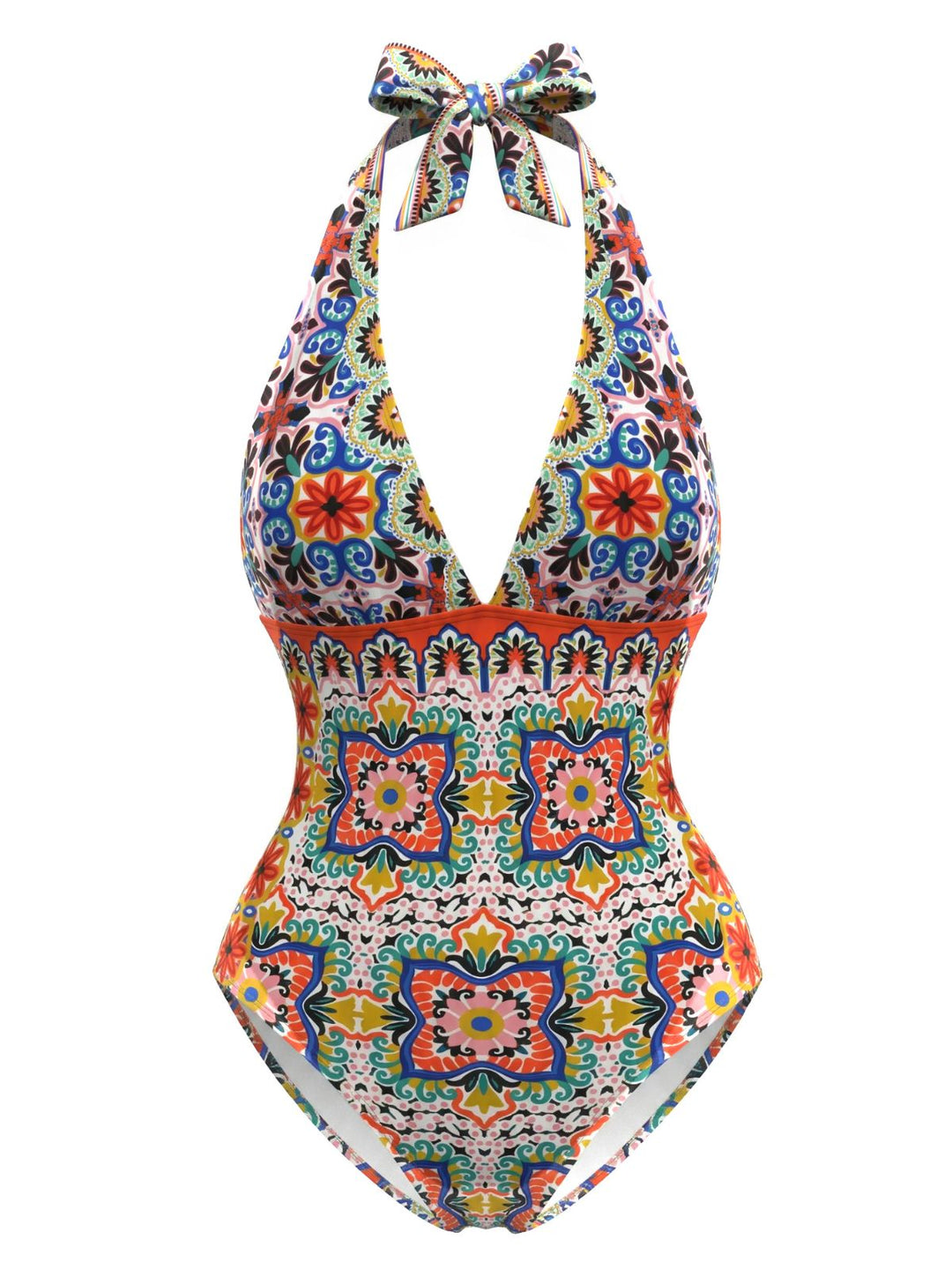 Multicolor 1930s Mediterranean Print Halter One-Piece Swimsuit - vintage swimsuit, pin-up style