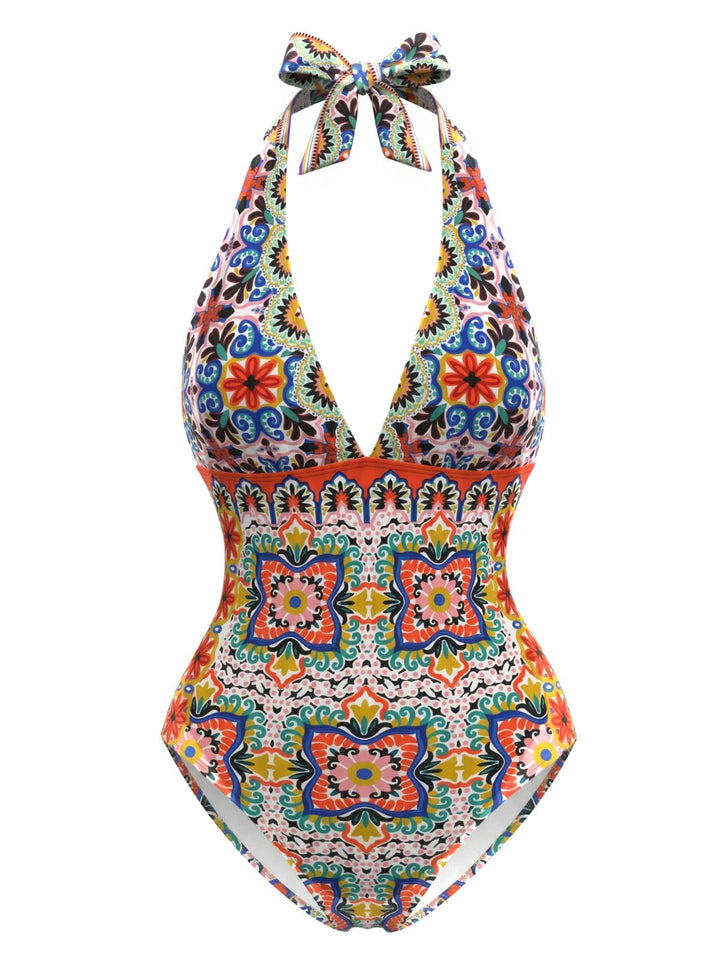Multicolor 1930s Mediterranean Print Halter One-Piece Swimsuit - vintage swimsuit, pin-up style