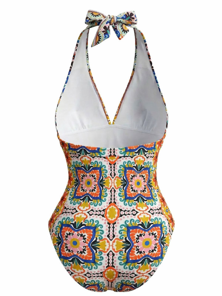 Multicolor 1930s Mediterranean Print Halter One-Piece Swimsuit - vintage swimsuit, pin-up style