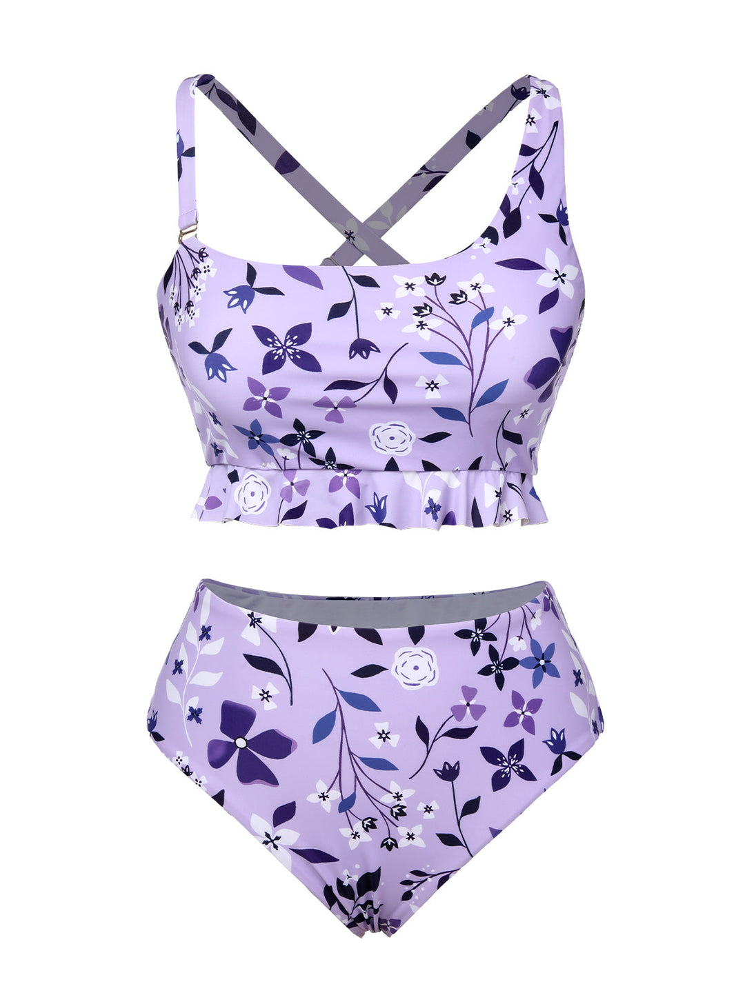 Purple 1930s Floral Irregular Shoulder Straps Swimsuit - vintage swimsuit, pin-up style