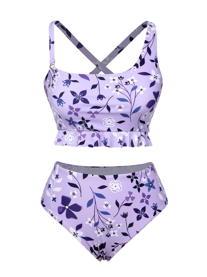 Purple 1930s Floral Irregular Shoulder Straps Swimsuit - vintage swimsuit, pin-up style