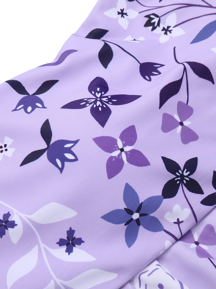 Purple 1930s Floral Irregular Shoulder Straps Swimsuit - vintage swimsuit, pin-up style
