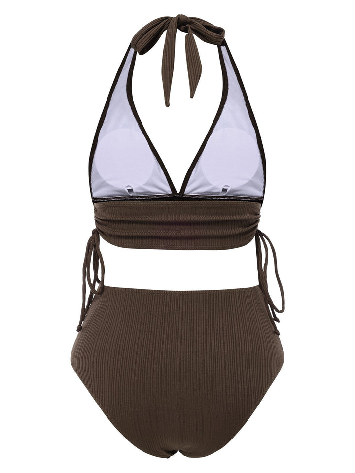 1930s Textured Fabric Solid Halter Lace-Up Swimsuit: 1930s Riviera elegance, reimagined for her