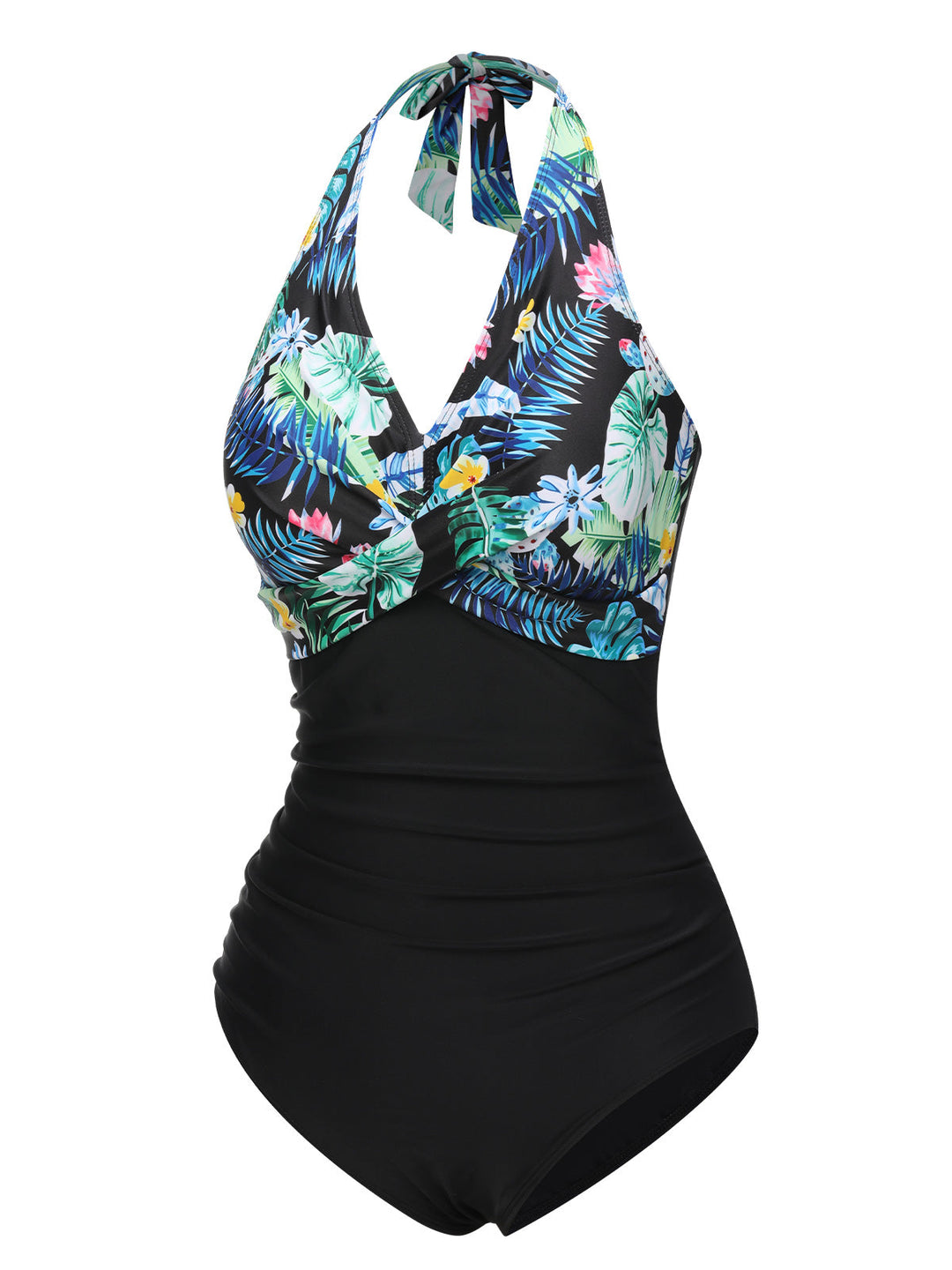 1930s Tropical Plants Lace-Up Halter Swimsuit: 1930s Riviera elegance, reimagined for her