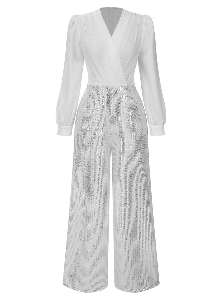 She finds her 1930s story in this 1930s V-Neck Puff Sleeve Sequins Wide-Leg Jumpsuit