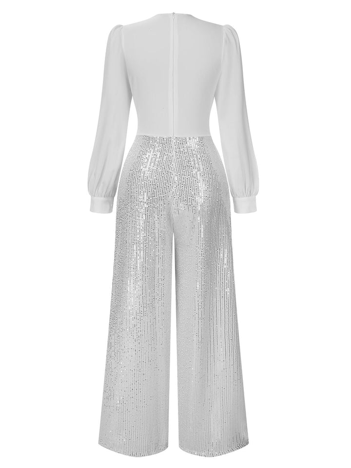 This 1930s V-Neck Puff Sleeve Sequins Wide-Leg Jumpsuit whispers 1930s secrets to those who notice